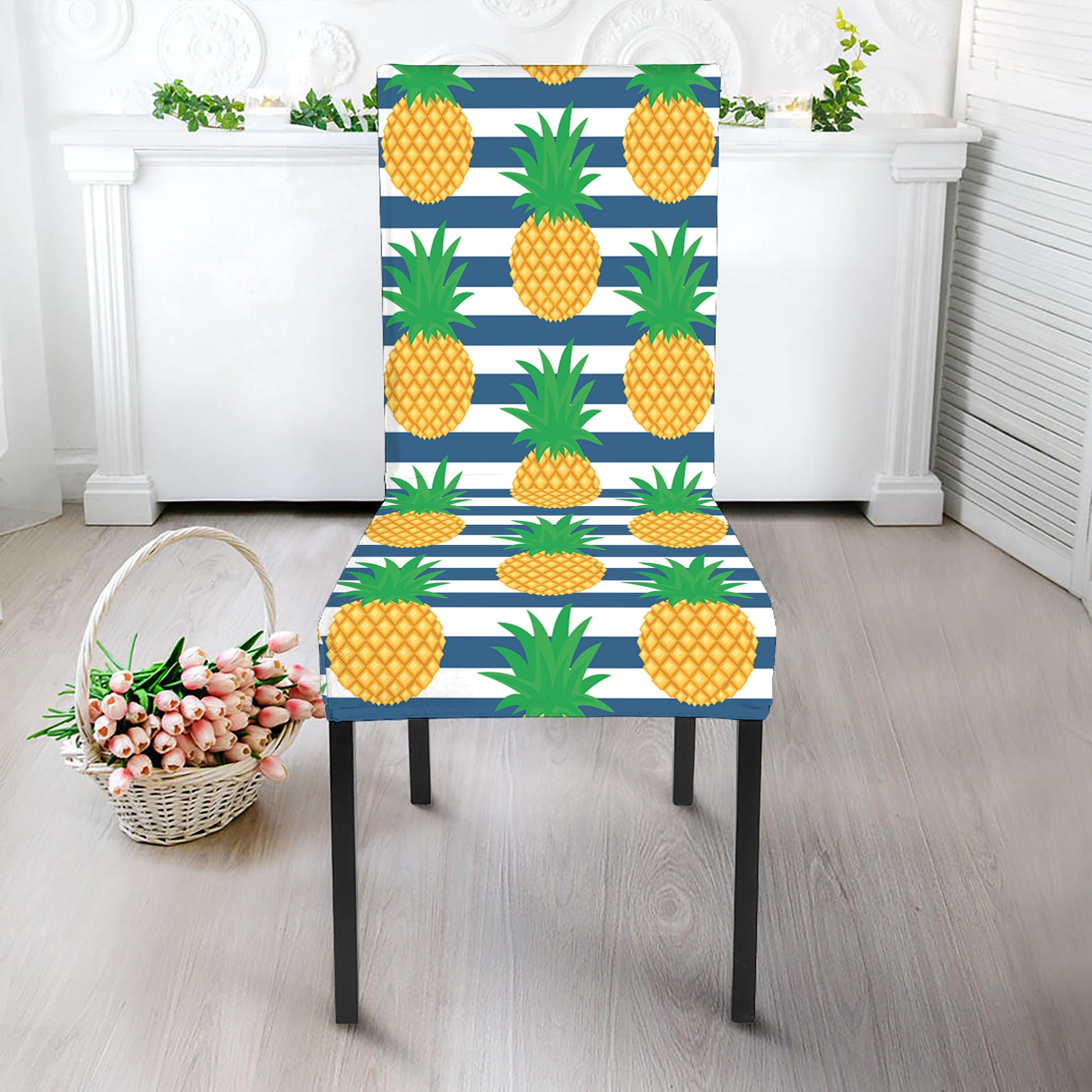 Blue Striped Pineapple Pattern Print Dining Chair Slipcover