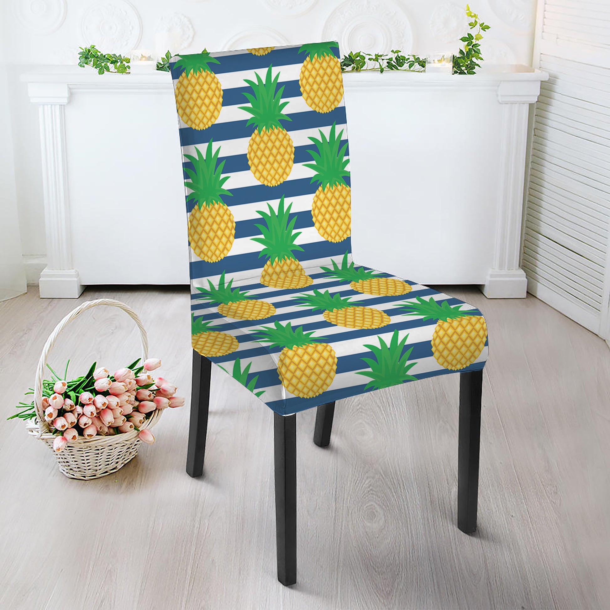 Blue Striped Pineapple Pattern Print Dining Chair Slipcover