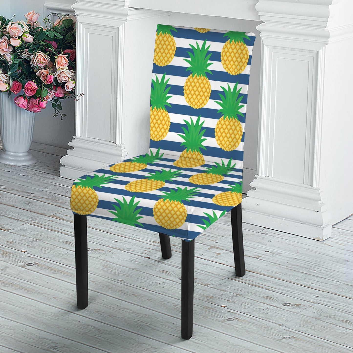 Blue Striped Pineapple Pattern Print Dining Chair Slipcover