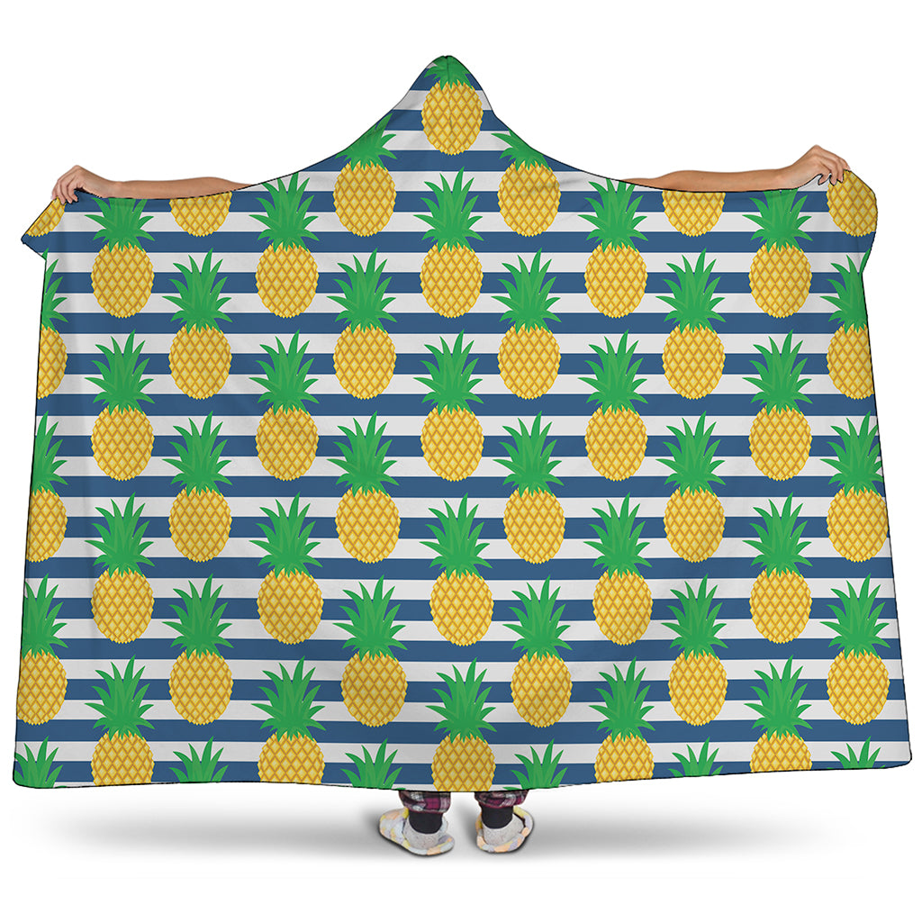 Blue Striped Pineapple Pattern Print Hooded Blanket