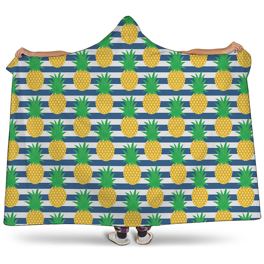 Blue Striped Pineapple Pattern Print Hooded Blanket