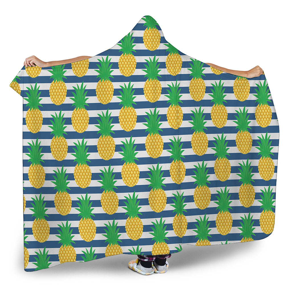 Blue Striped Pineapple Pattern Print Hooded Blanket