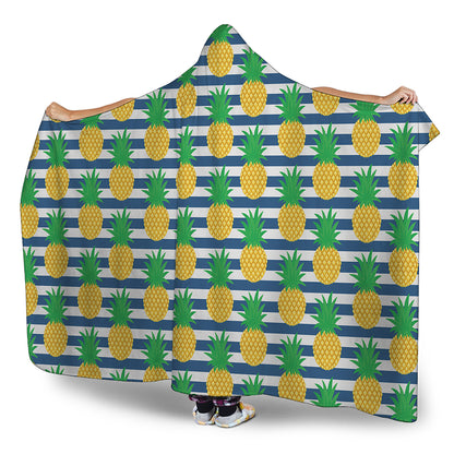 Blue Striped Pineapple Pattern Print Hooded Blanket