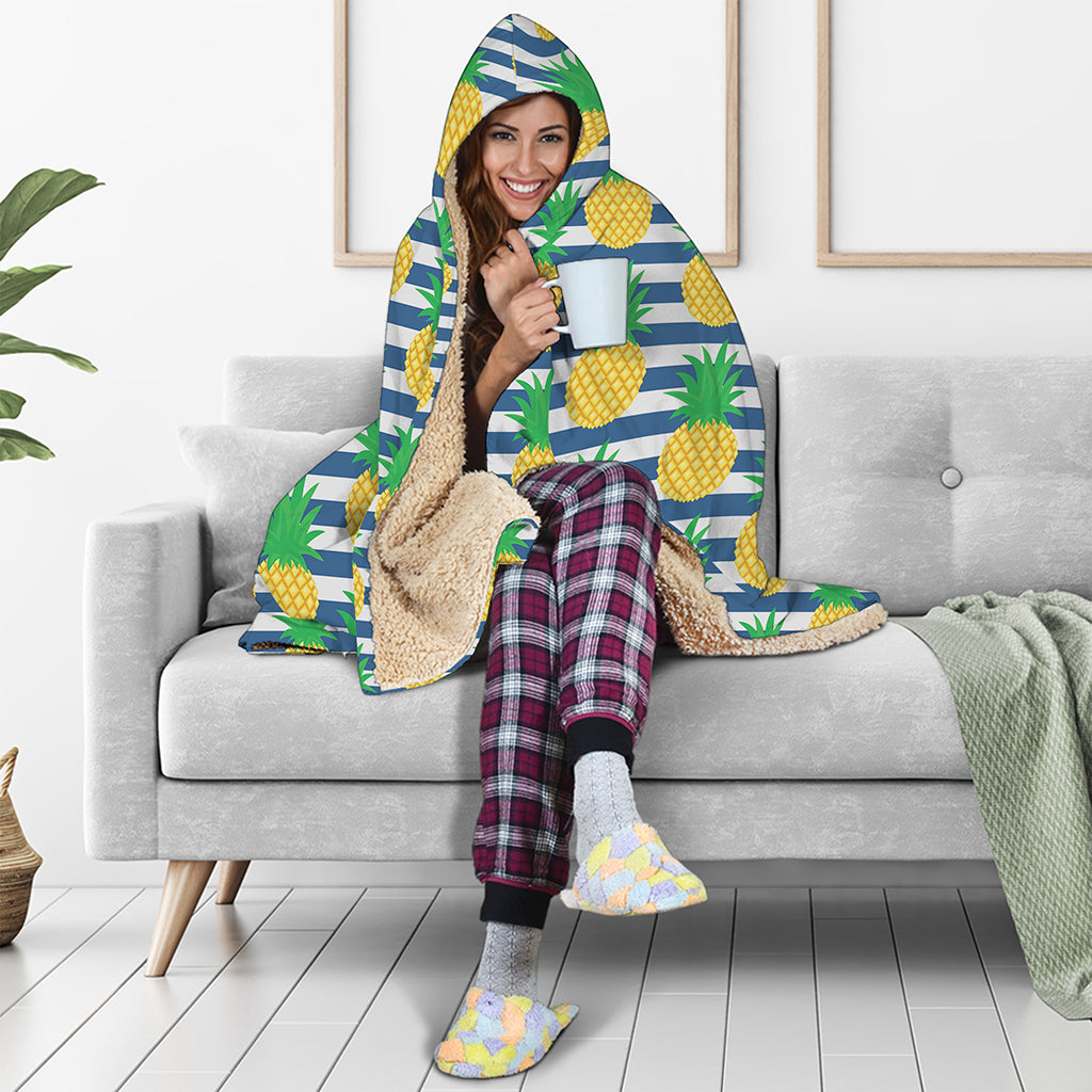 Blue Striped Pineapple Pattern Print Hooded Blanket