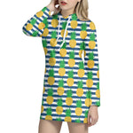 Blue Striped Pineapple Pattern Print Hoodie Dress