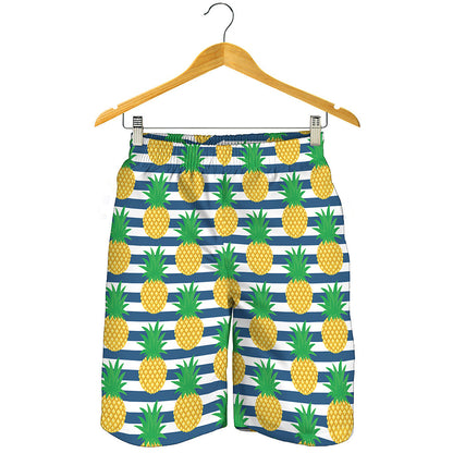 Blue Striped Pineapple Pattern Print Men's Shorts