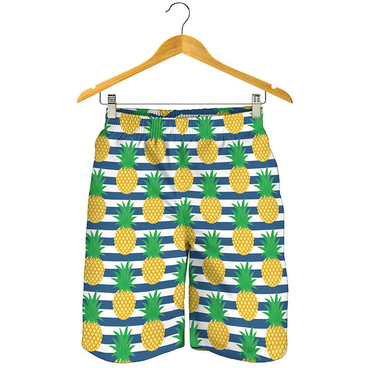Blue Striped Pineapple Pattern Print Men's Shorts