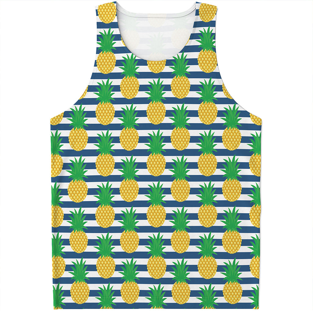 Blue Striped Pineapple Pattern Print Men's Tank Top