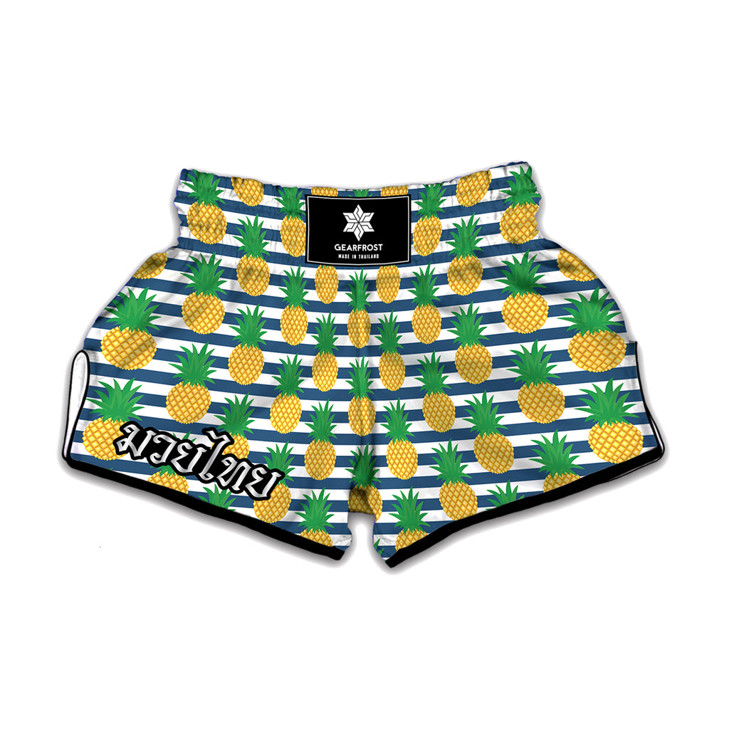 Blue Striped Pineapple Pattern Print Muay Thai Boxing Shorts