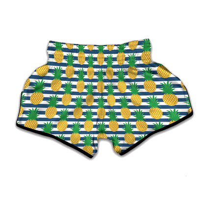 Blue Striped Pineapple Pattern Print Muay Thai Boxing Shorts