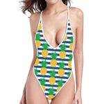 Blue Striped Pineapple Pattern Print One Piece High Cut Swimsuit