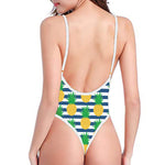 Blue Striped Pineapple Pattern Print One Piece High Cut Swimsuit