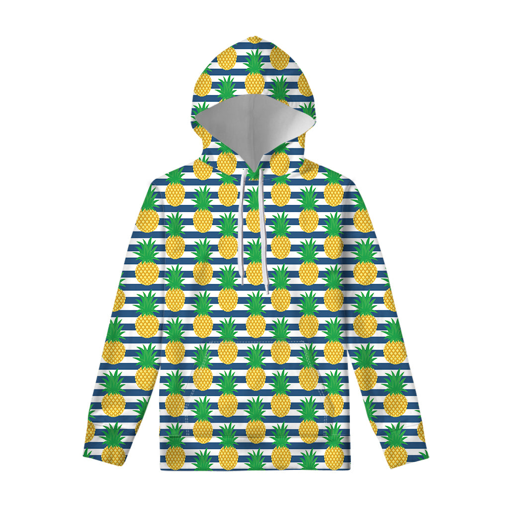 Blue Striped Pineapple Pattern Print Pullover Hoodie