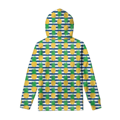 Blue Striped Pineapple Pattern Print Pullover Hoodie