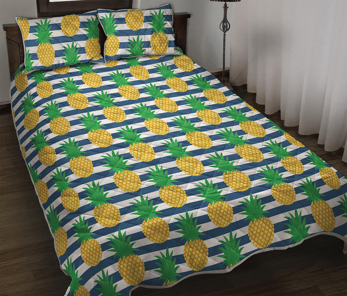 Blue Striped Pineapple Pattern Print Quilt Bed Set