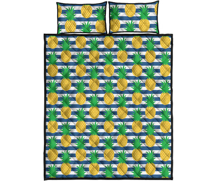 Blue Striped Pineapple Pattern Print Quilt Bed Set