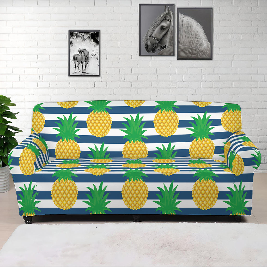 Blue Striped Pineapple Pattern Print Sofa Cover