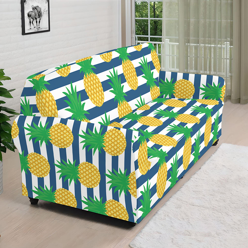 Blue Striped Pineapple Pattern Print Sofa Cover