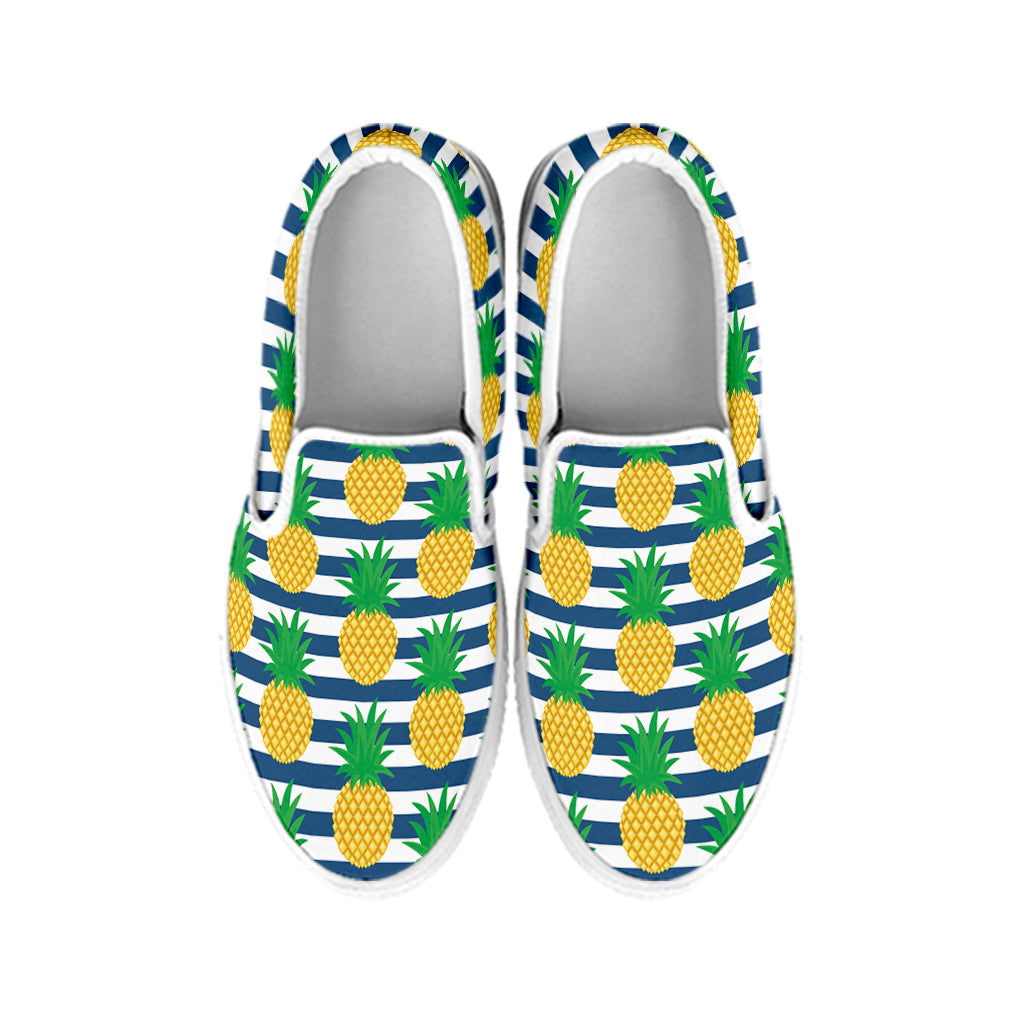Blue Striped Pineapple Pattern Print White Slip On Shoes