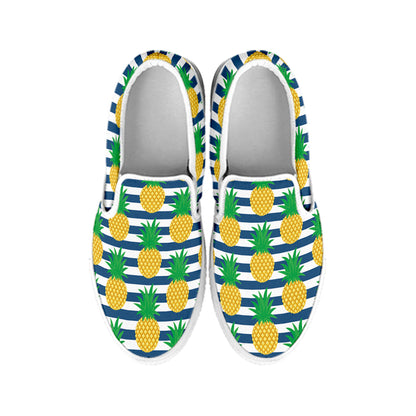 Blue Striped Pineapple Pattern Print White Slip On Shoes