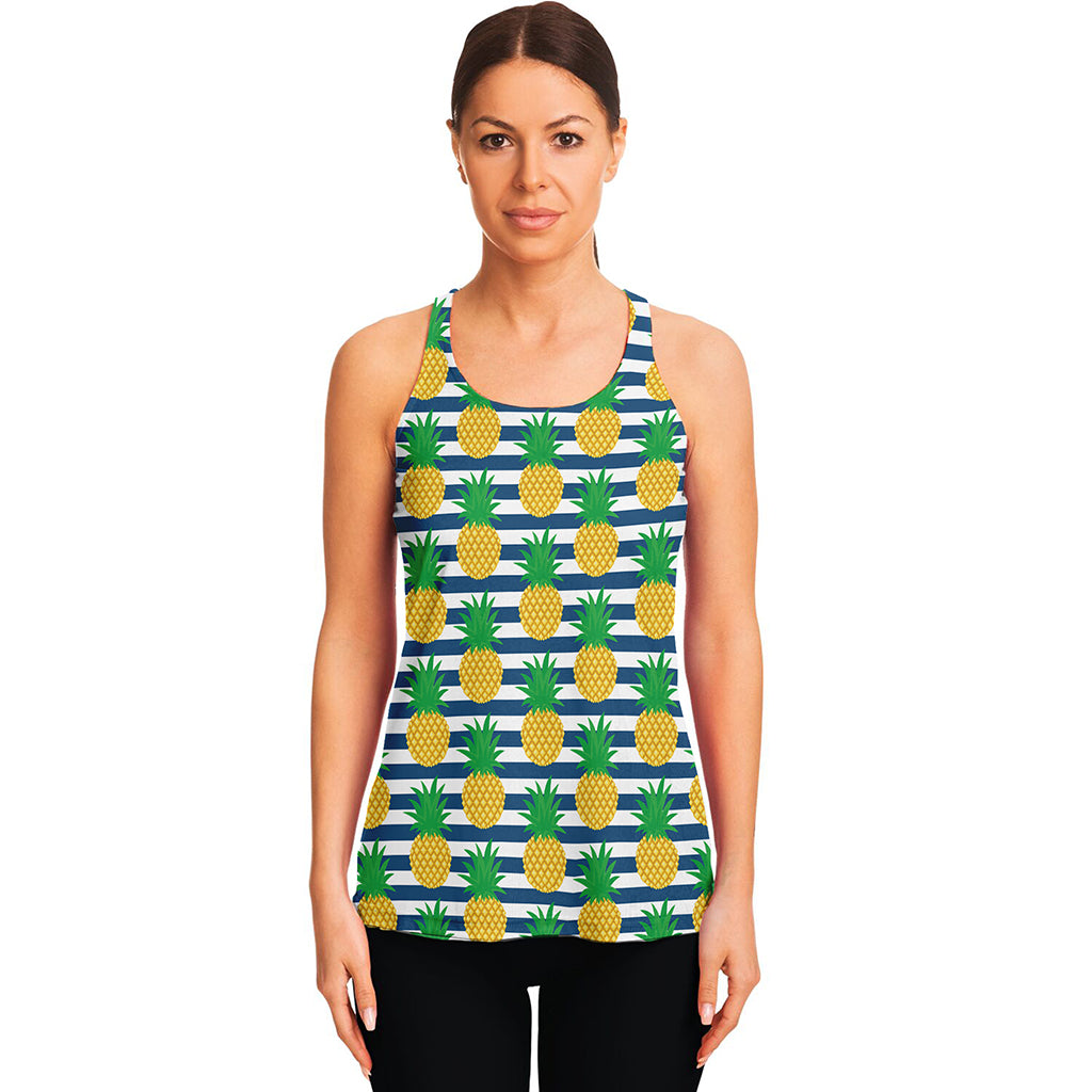 Blue Striped Pineapple Pattern Print Women's Racerback Tank Top