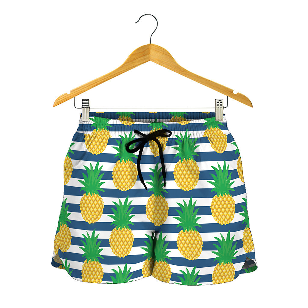 Blue Striped Pineapple Pattern Print Women's Shorts