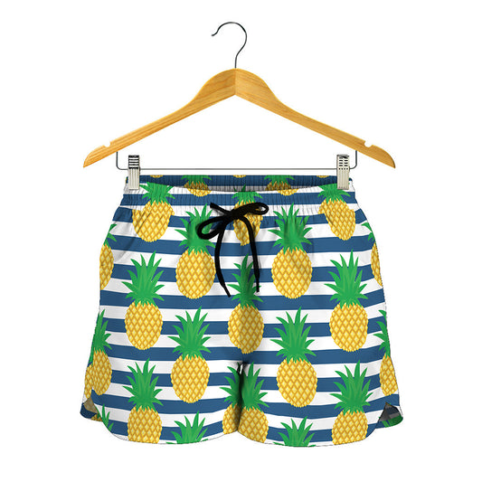 Blue Striped Pineapple Pattern Print Women's Shorts