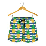 Blue Striped Pineapple Pattern Print Women's Shorts
