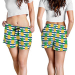 Blue Striped Pineapple Pattern Print Women's Shorts