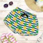 Blue Striped Pineapple Pattern Print Women's Shorts