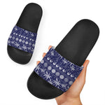 Blue Summer Coconut Pattern Print Black Slide Sandals