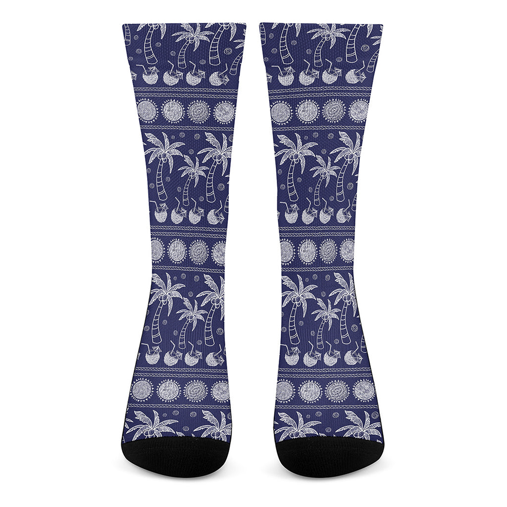 Blue Summer Coconut Pattern Print Crew Socks