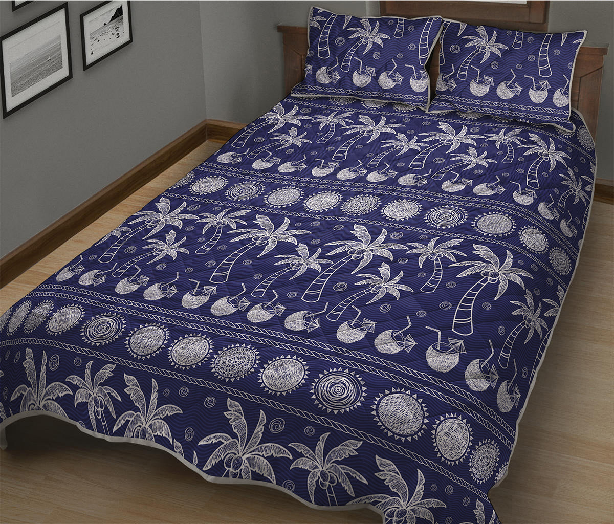 Blue Summer Coconut Pattern Print Quilt Bed Set