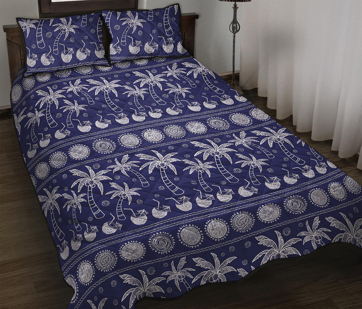 Blue Summer Coconut Pattern Print Quilt Bed Set