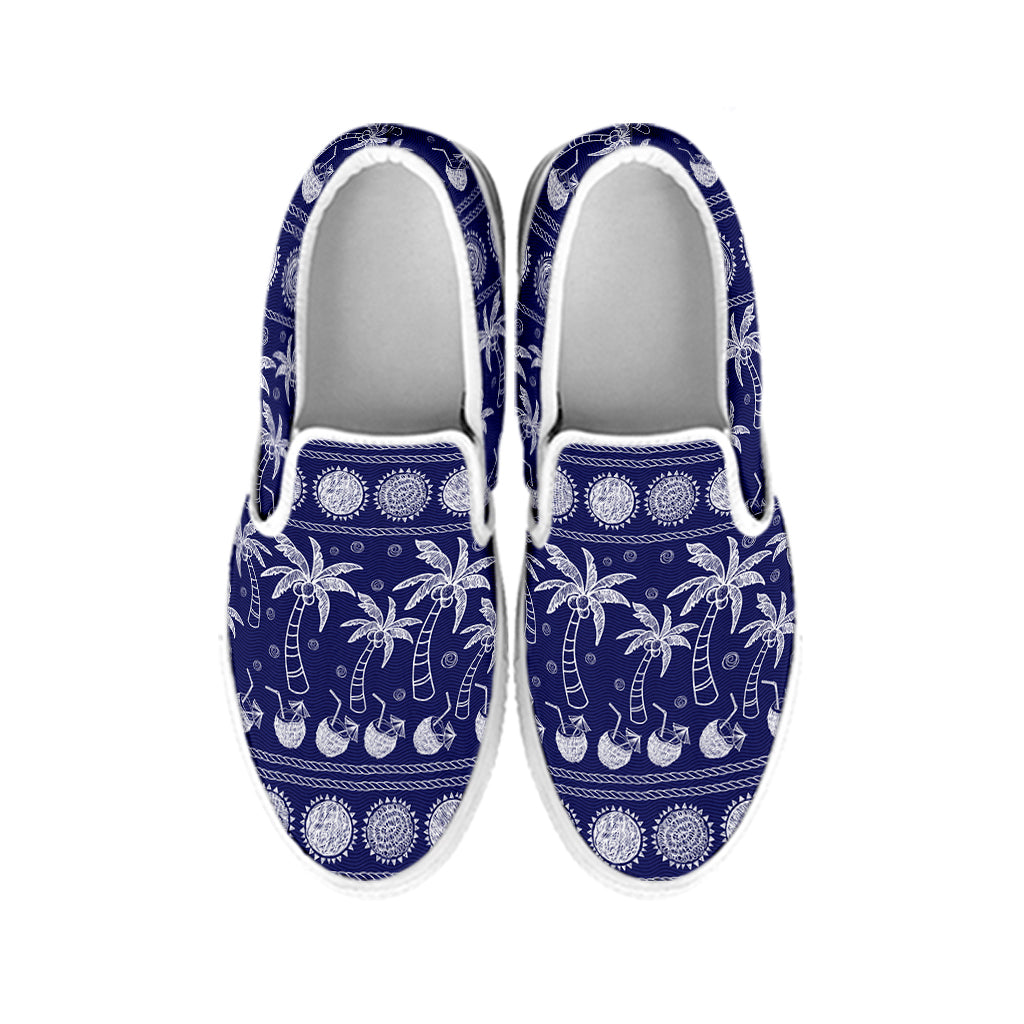Blue Summer Coconut Pattern Print White Slip On Shoes