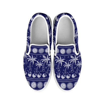 Blue Summer Coconut Pattern Print White Slip On Shoes