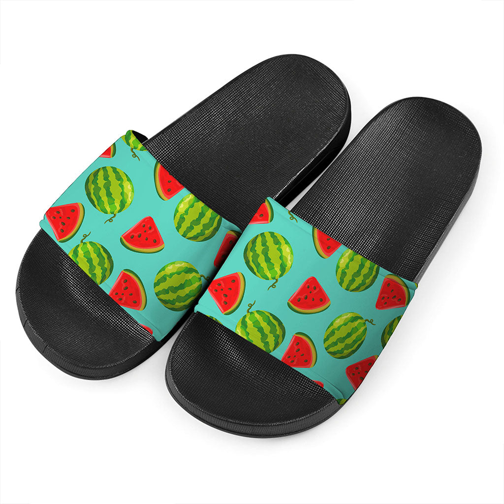 Blue Summer Watermelon Pattern Print Black Slide Sandals