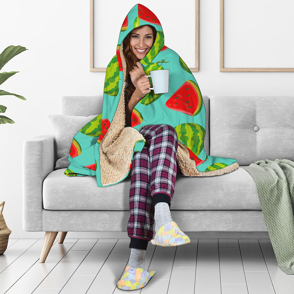 Blue Summer Watermelon Pattern Print Hooded Blanket