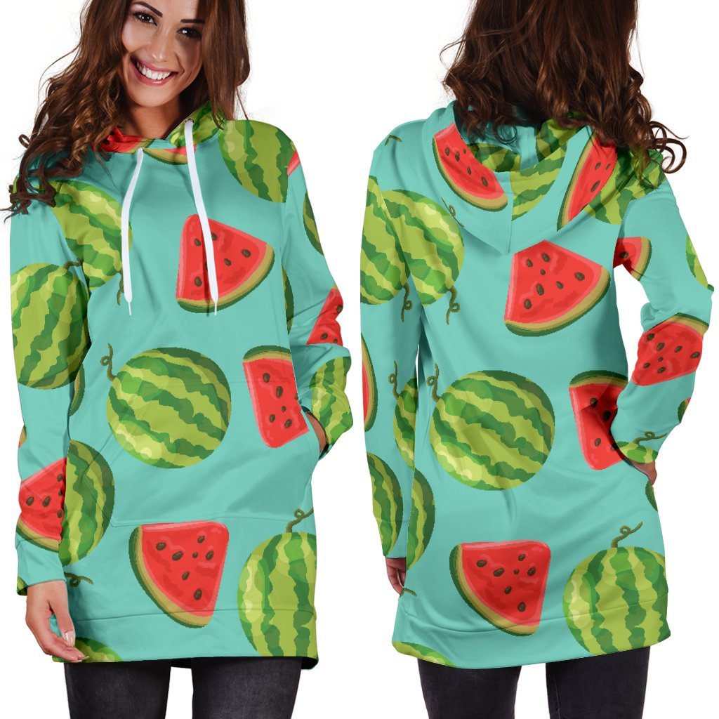 Blue Summer Watermelon Pattern Print Hoodie Dress GearFrost