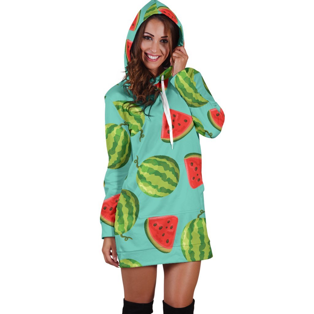 Blue Summer Watermelon Pattern Print Hoodie Dress GearFrost