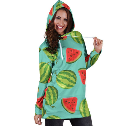 Blue Summer Watermelon Pattern Print Hoodie Dress GearFrost