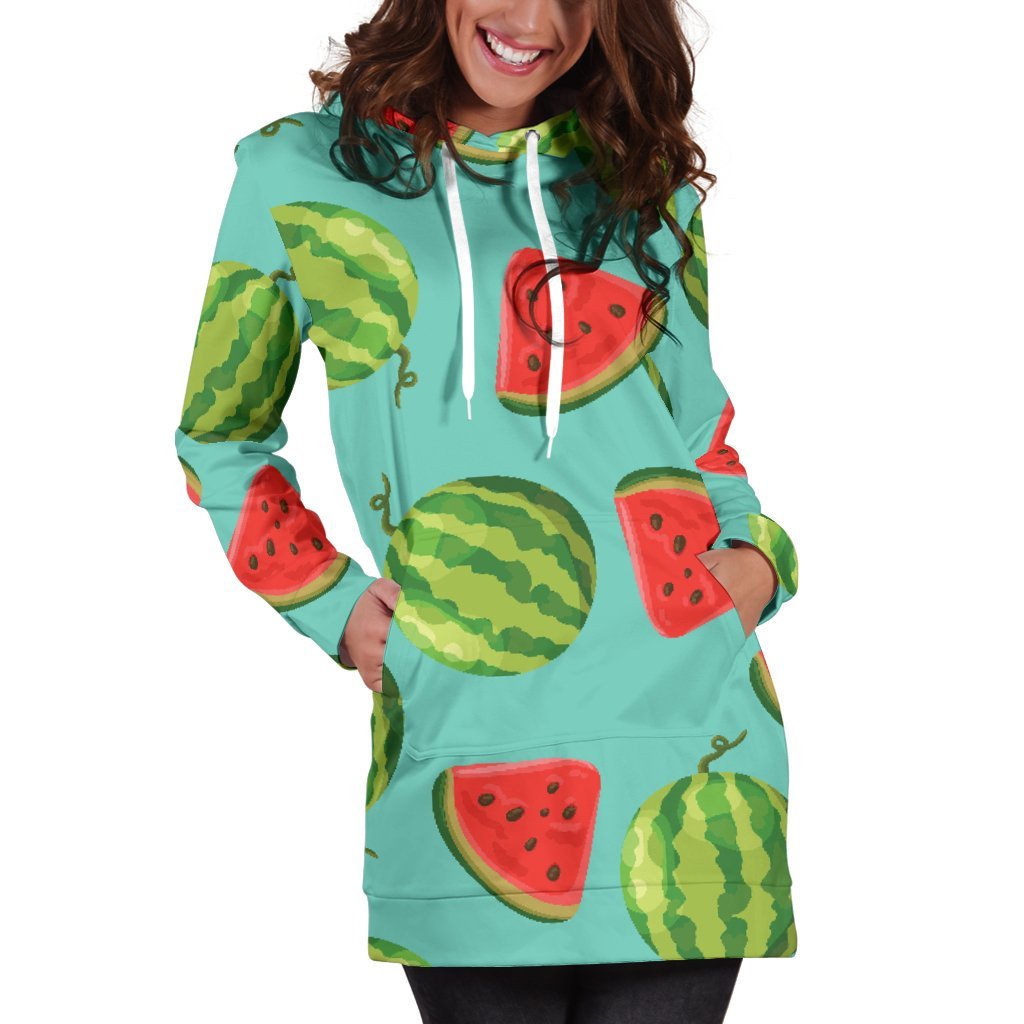 Blue Summer Watermelon Pattern Print Hoodie Dress GearFrost