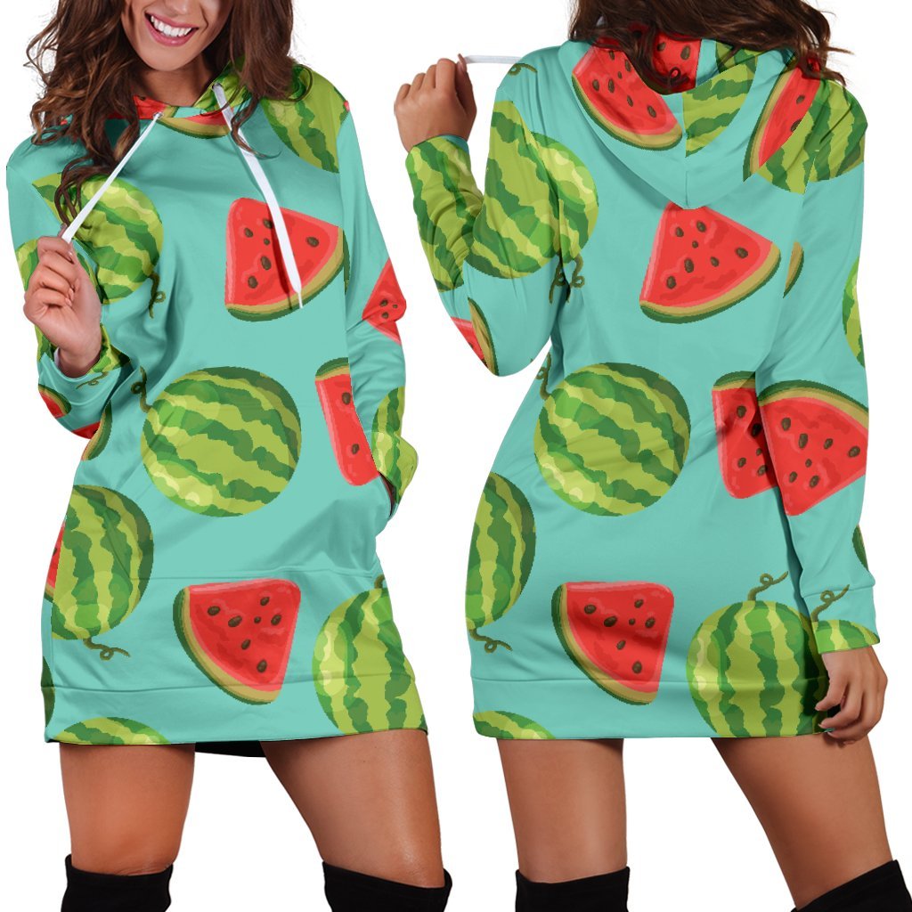 Blue Summer Watermelon Pattern Print Hoodie Dress GearFrost