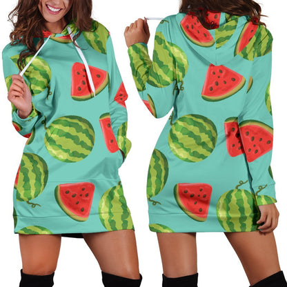 Blue Summer Watermelon Pattern Print Hoodie Dress GearFrost