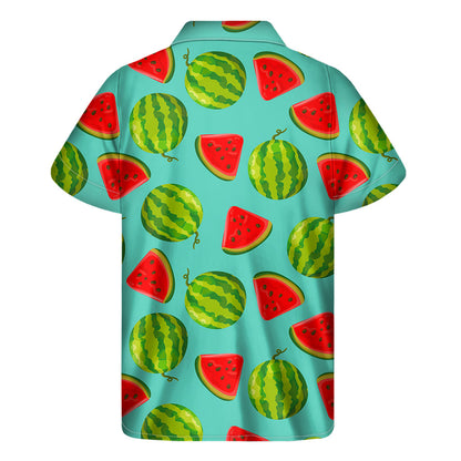 Blue Summer Watermelon Pattern Print Men's Short Sleeve Shirt