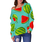 Blue Summer Watermelon Pattern Print Off Shoulder Sweatshirt GearFrost