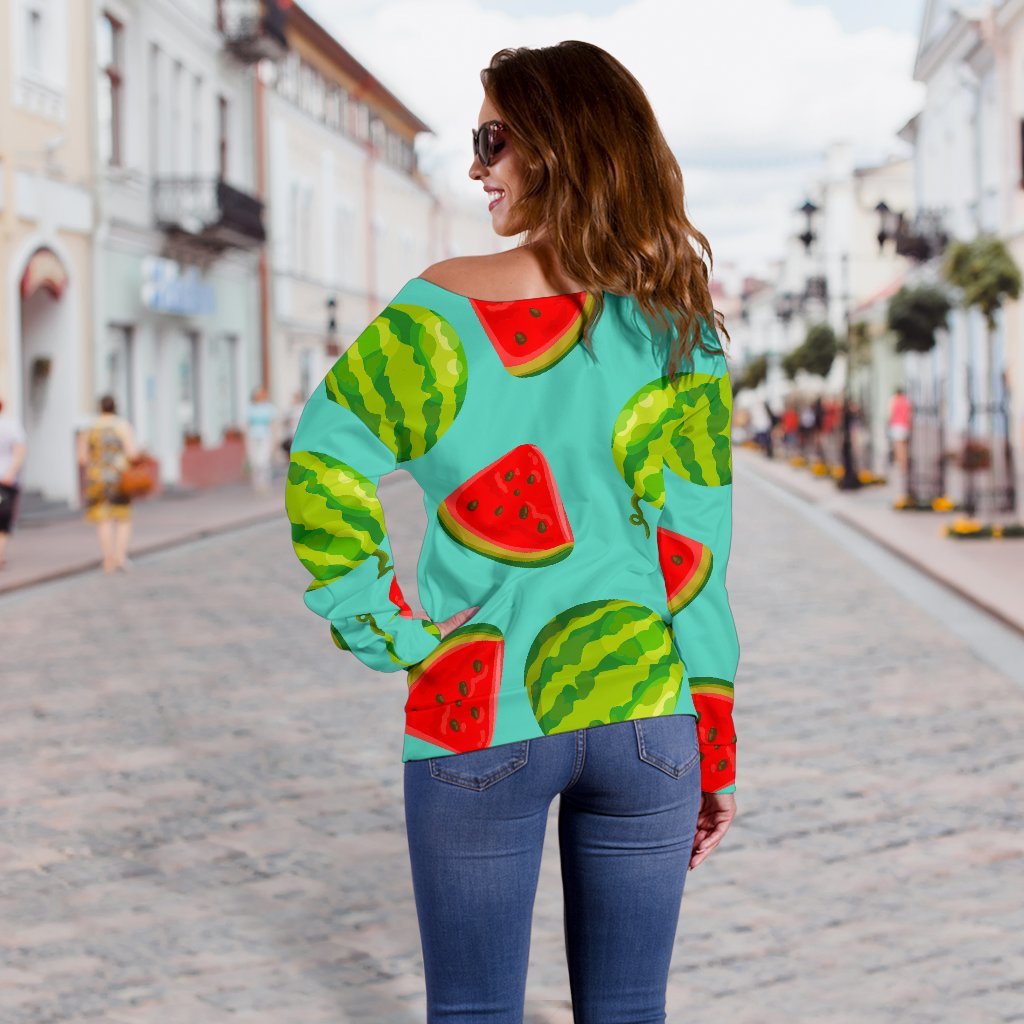 Blue Summer Watermelon Pattern Print Off Shoulder Sweatshirt GearFrost