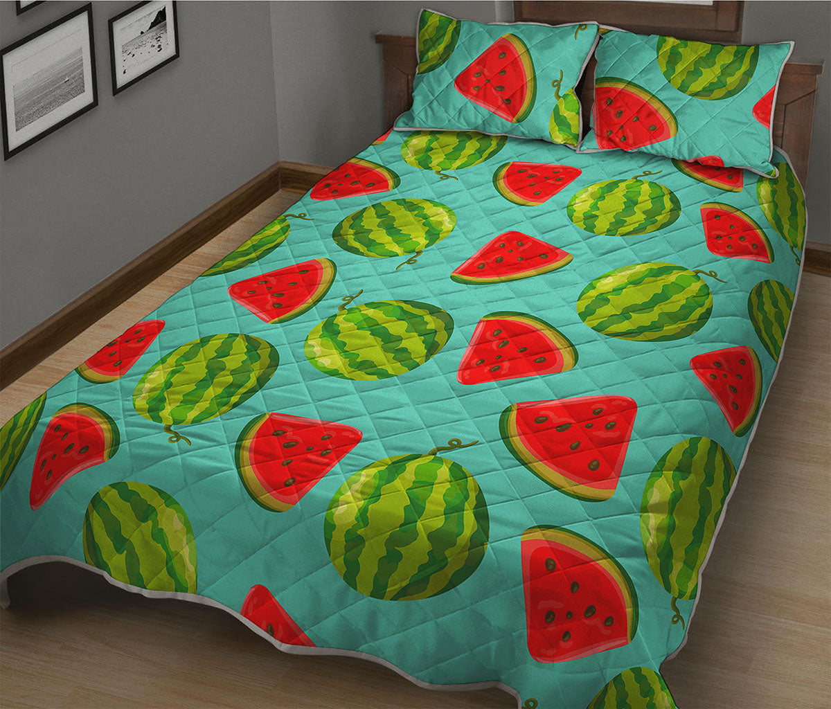 Blue Summer Watermelon Pattern Print Quilt Bed Set