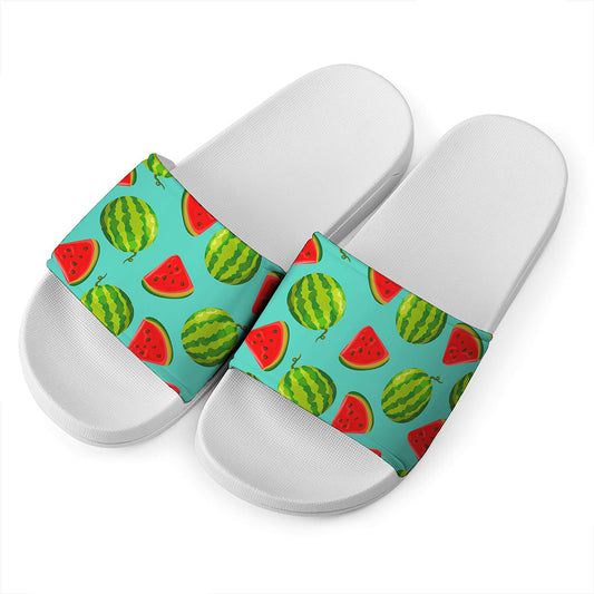 Blue Summer Watermelon Pattern Print White Slide Sandals