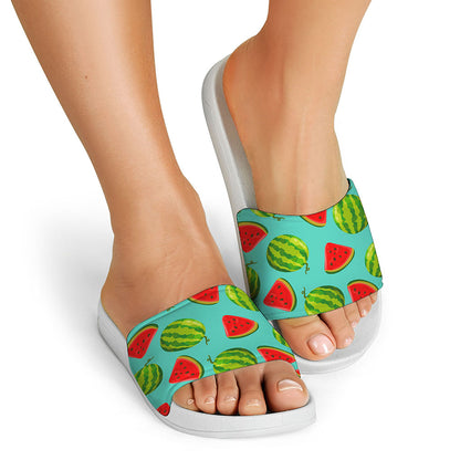 Blue Summer Watermelon Pattern Print White Slide Sandals